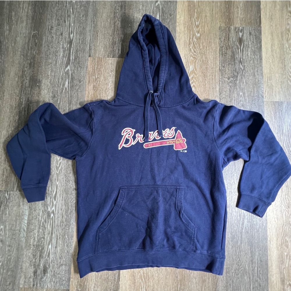 Fanatics Atlanta Braves Hoodie Mens Large Navy Blue Tomahawk Graphic Sweatshirt‎